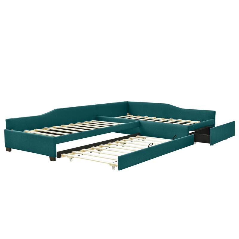 Green Upholstered Twin Daybed with Trundle and Storage Drawer
