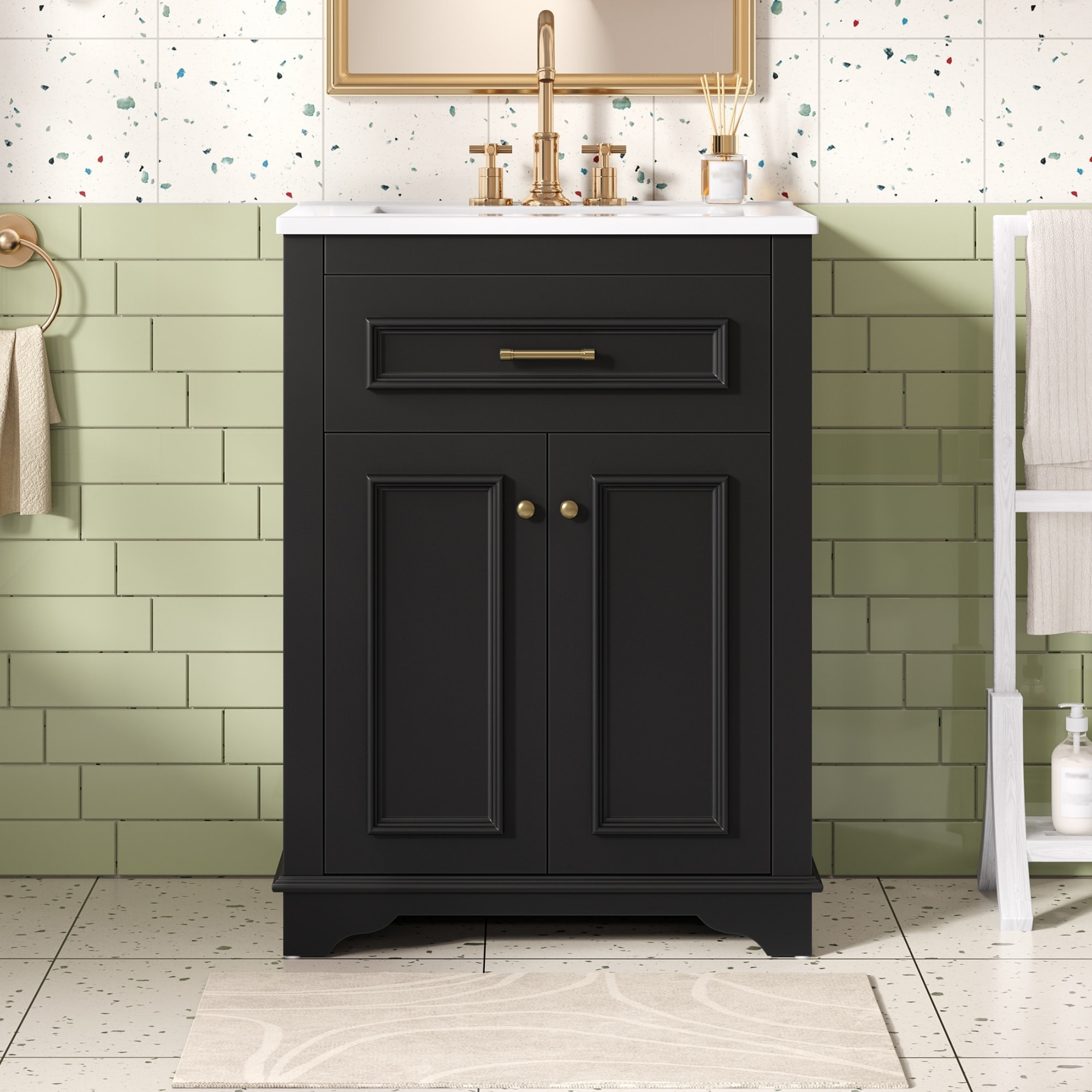 24" Bathroom Vanity with Integrated Ceramic Sink, 2 Doors & 1 Tip-Out Drawer for Small Bathrooms, Single Sink Vanity