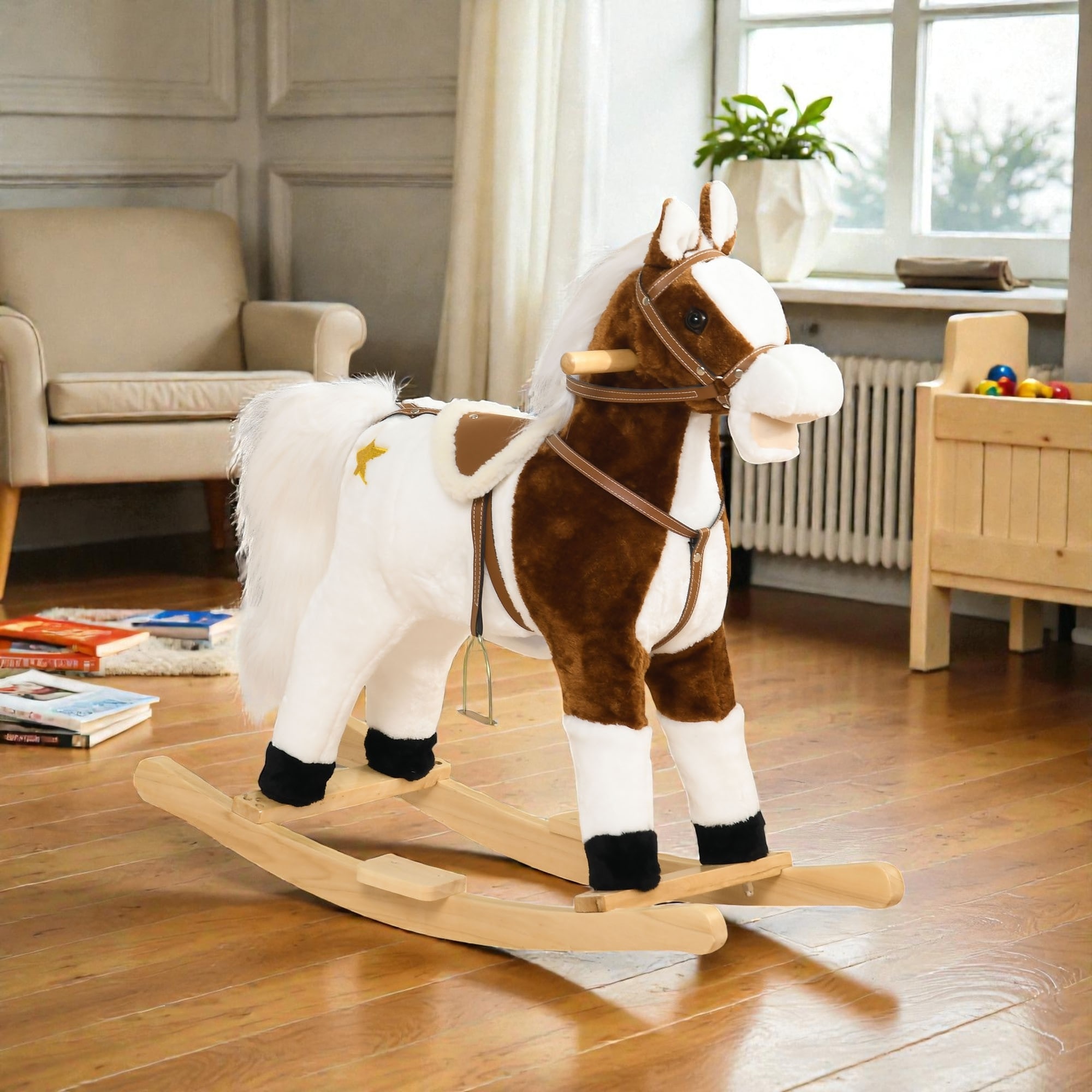 Plush Rocking Horse Ride On Toy with Sound Saddle Toddler Rocker Horse Gift for Kids Ages 3-8 Years