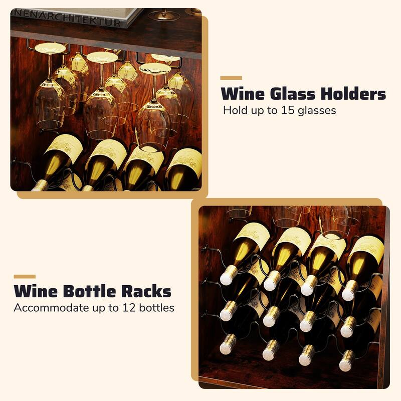 Gymax Wine Bar Cabinet w/ Wheels LED Lights Storage Shelves Glass