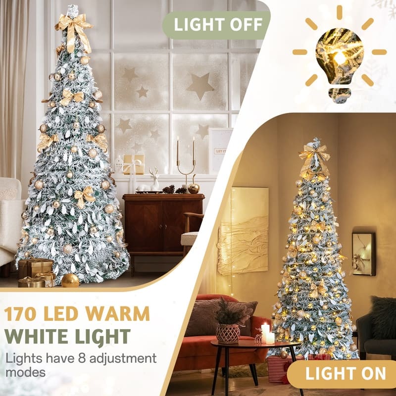 7 FT Snow Flocked Pre-lit Artificial Pop Up Christmas Tree with Golden Ornaments for Home Office Store Holiday Deco, Snowy Green