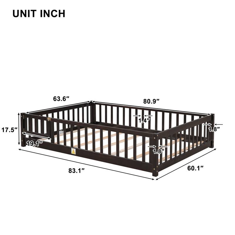 Queen size Floor Platform Bed with Fence Guardrails and Door