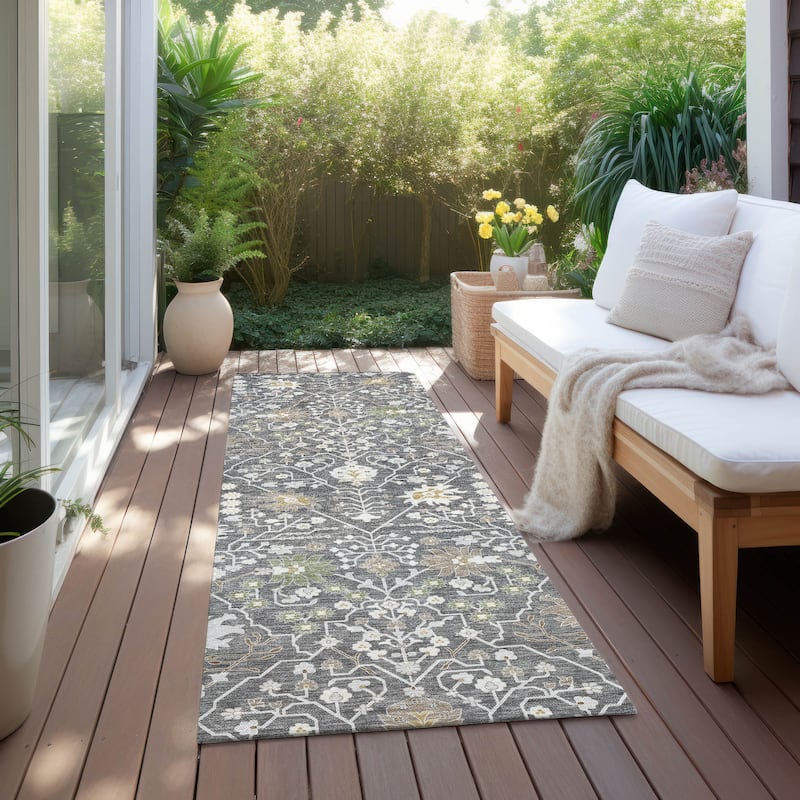Machine Washable Indoor/ Outdoor Global Traditional Chantille Rug - Charcoal - 2'3" x 7'6"