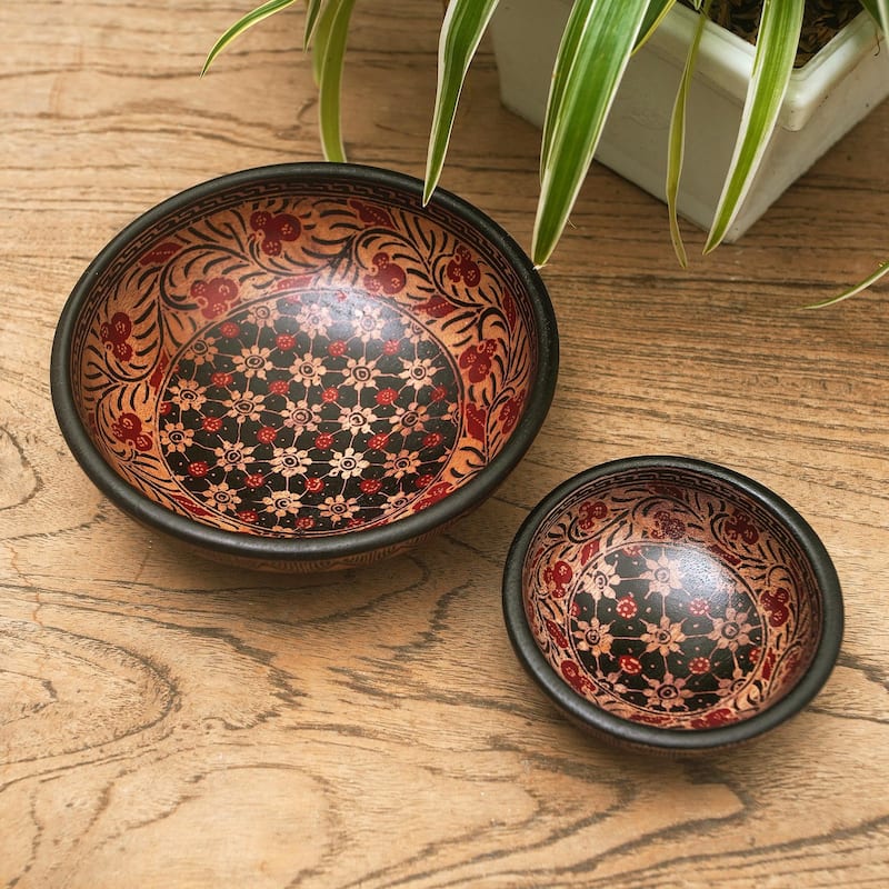 Novica Handmade Truntum Spring Batik Wood Decorative Bowls (Set Of 2)