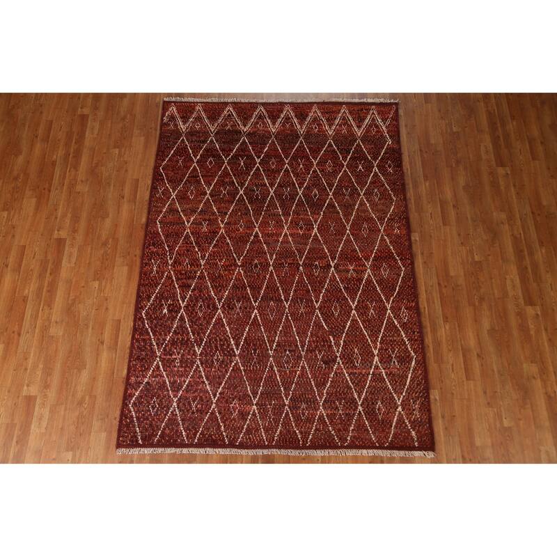 Hand Knotted Oriental 100% Wool Carpet Modern Geometric Red Moroccan Area Rug - 7' 10'' X 5' 7''