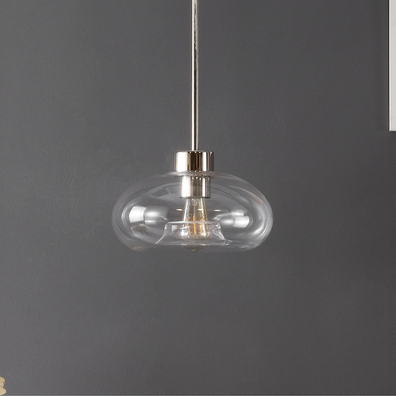 SAFAVIEH Lighting Ottilde Glass Shade Pendant - 11 In. W x 11 In. D x 15-45 In. H - Clear/Nickel - 11Wx11Dx45H