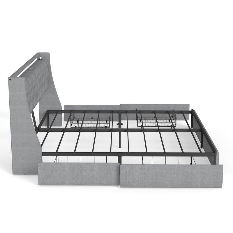 Grey Tufted Upholstered Platform Bed Frame w/4 Drawers&Headboard Shelf/LED Light/Charging Station/Metal Frame Support/Noise-Free