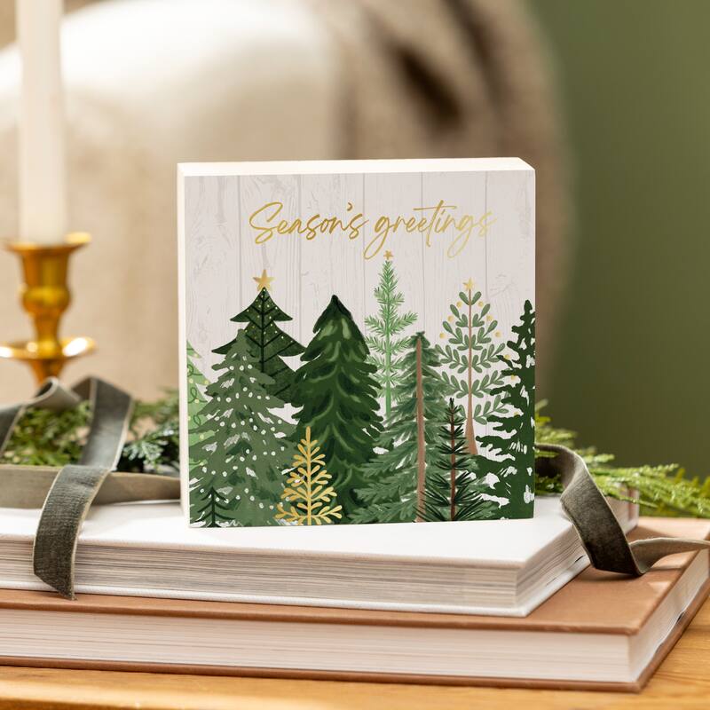 Shades of Green Sign Wood Block - "Seasons Greetings" - 6" x 6" - Multicolor