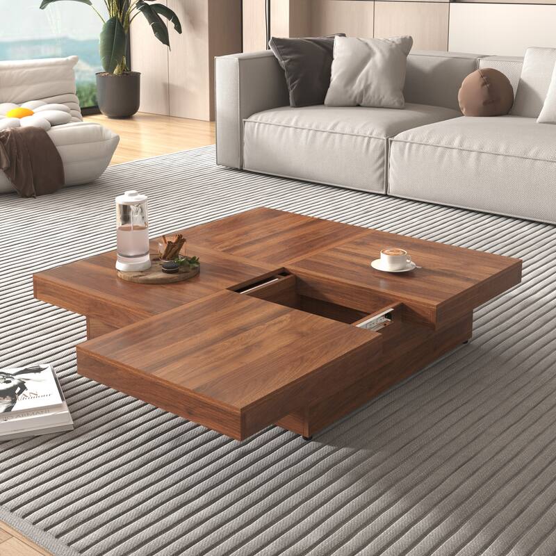 Square Veneer Coffee Table Sliding Top with Storage