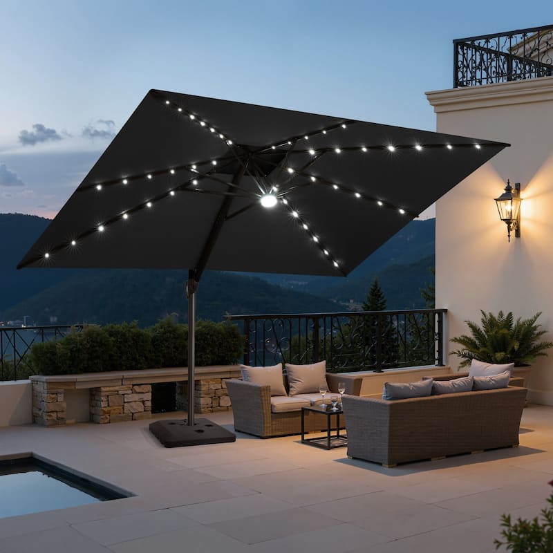 9 x11 FT LED Lighted Patio Cantilever Umbrella Double Top with Weighted Base - Black with Base