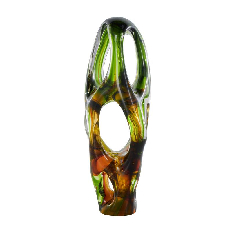 Green Glass Ombre Cutout Abstract Decorative Sculpture with Amber Accents
