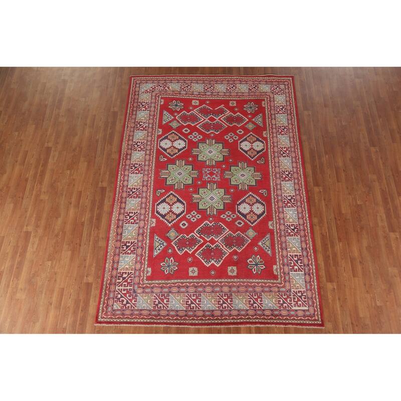 Hand Knotted Oriental 100% Wool Carpet Traditional Geometric Red Kazak Area Rug - 10' 5'' X 6' 6''