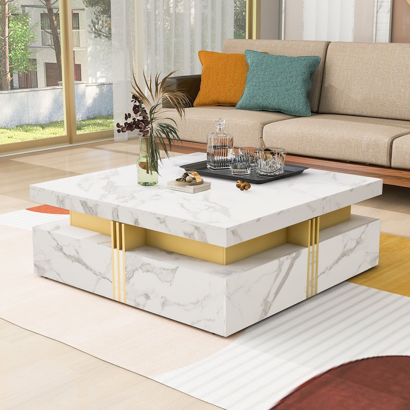 Modern White Square Storage Coffee Table with 4 Drawers