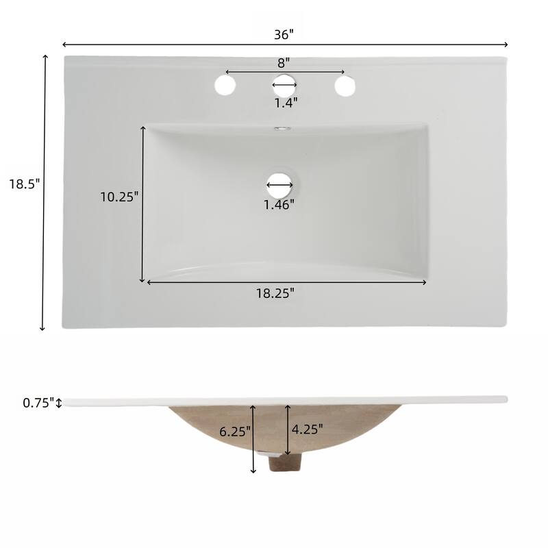 36" Contemporary Bathroom Vanity with Ceramic Sink - Tip-Out Tray + 2 Full-Extension Drawers