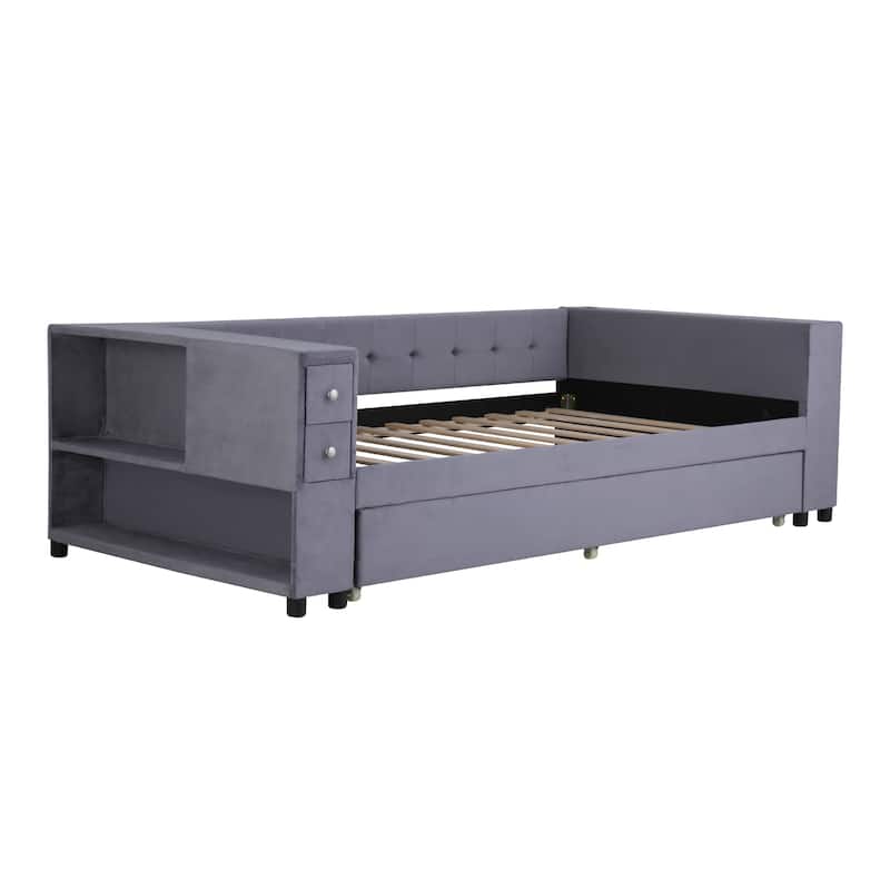 Twin Size Velvet Platform Bed with Pull-Out Trundle, USB Charging Port, Side Drawers And Built-in Storage