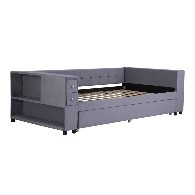 Twin Velvet Upholstered Platform Bed with Trundle, USB Charging, Storage Drawers, Beige/Gray