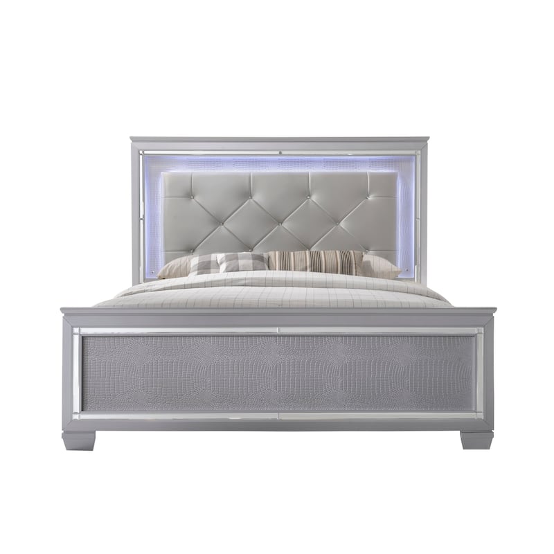 Lavina Silver LED Faux Leather Upholestered Tufted Bed
