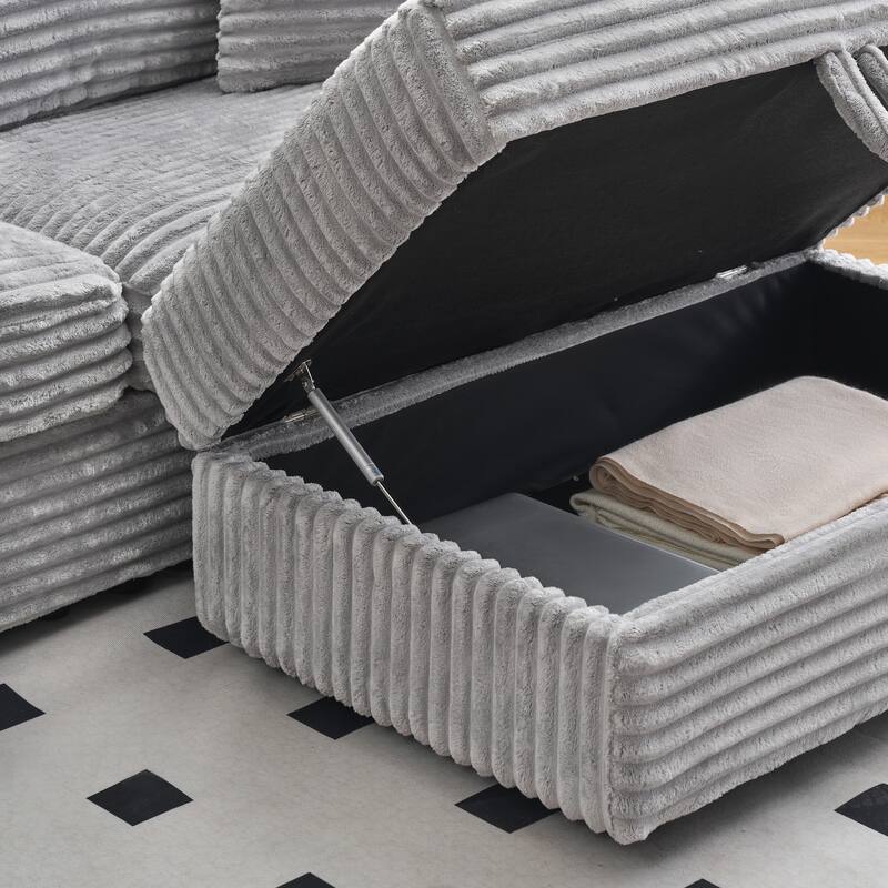 82-inch Gray Corduroy Sofa with Storage Feet and 4 Throw Pillows