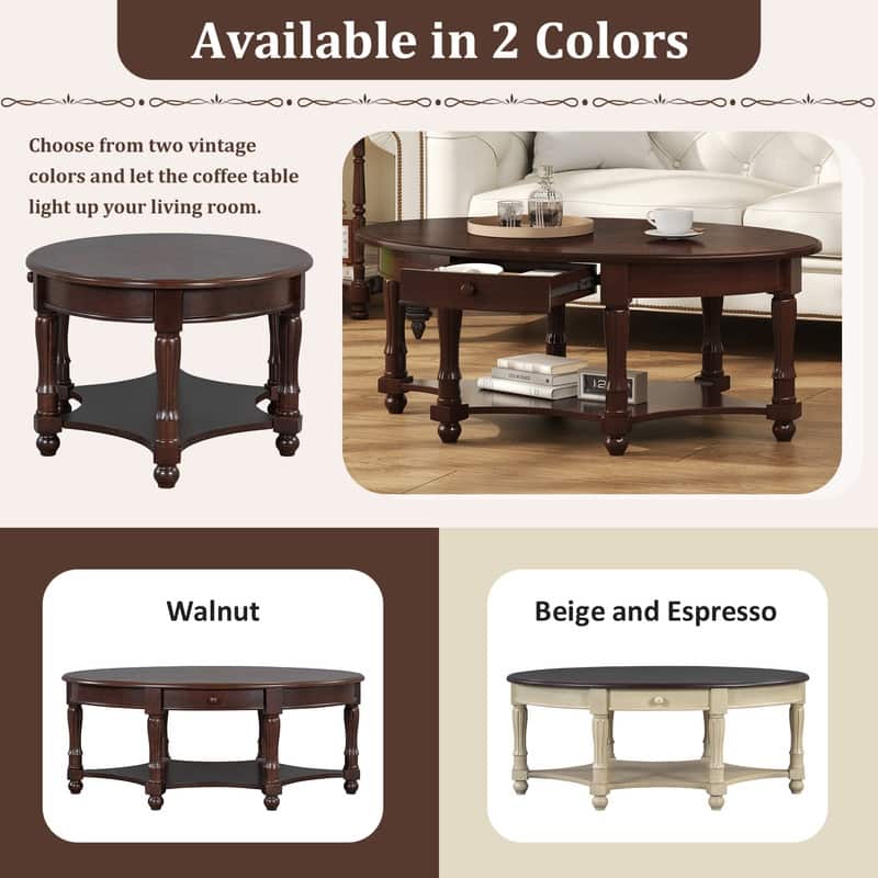 Vintage Oval Coffee Table with Drawer and Storage Shelf, Antique Cocktail Table in 45"