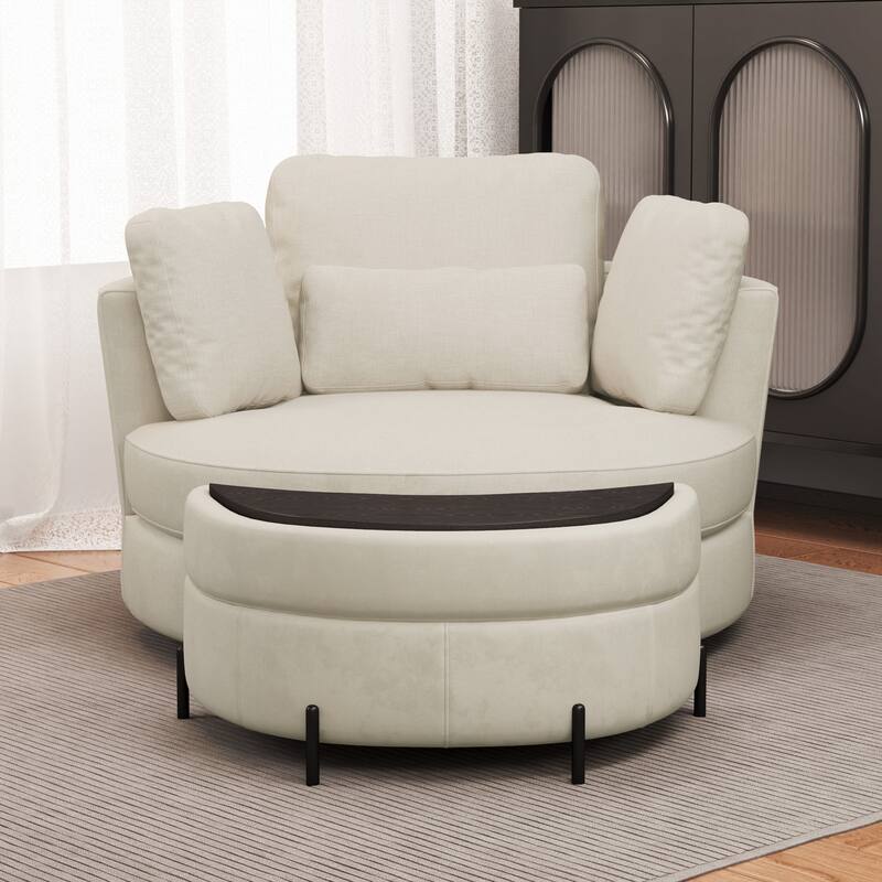 Modern Chenille 360° Swivel Accent Barrel Chair and Storage Ottoman