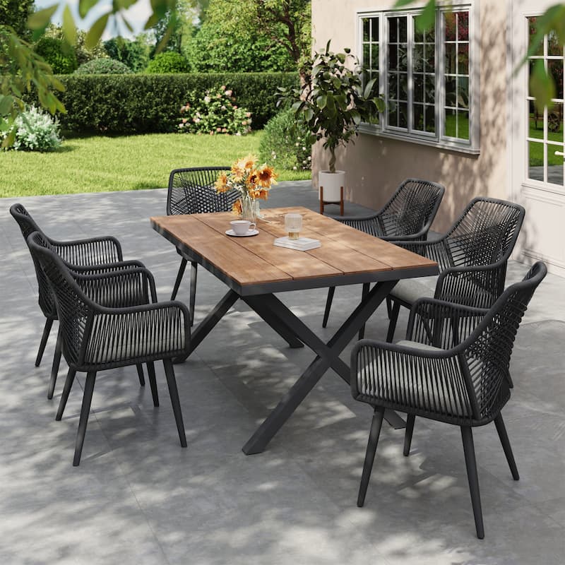 7-Piece Outdoor Dining Set - Iron Frame with Cross Wicker Back Chairs & X-Base Table