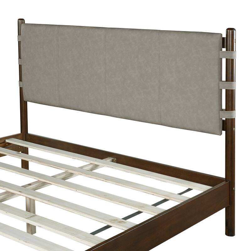 Mid-Century Modern Rubberwood Platform Bed with Faux Leather Upholstered Headboard