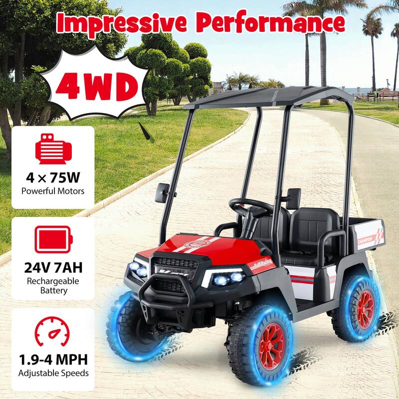 Kids Ride On Golf Cart with Remote 24V Rechargeable Battery USB Music and Sun Awning - 53.5" × 28" × 45" (L x W x H)