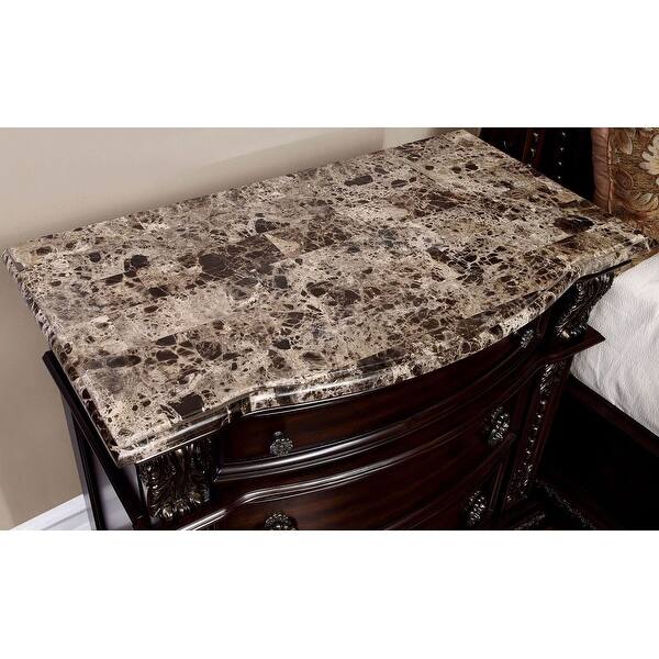 Traditional Brown Cherry Nightstand with Genuine Marble Top and 3 Drawers