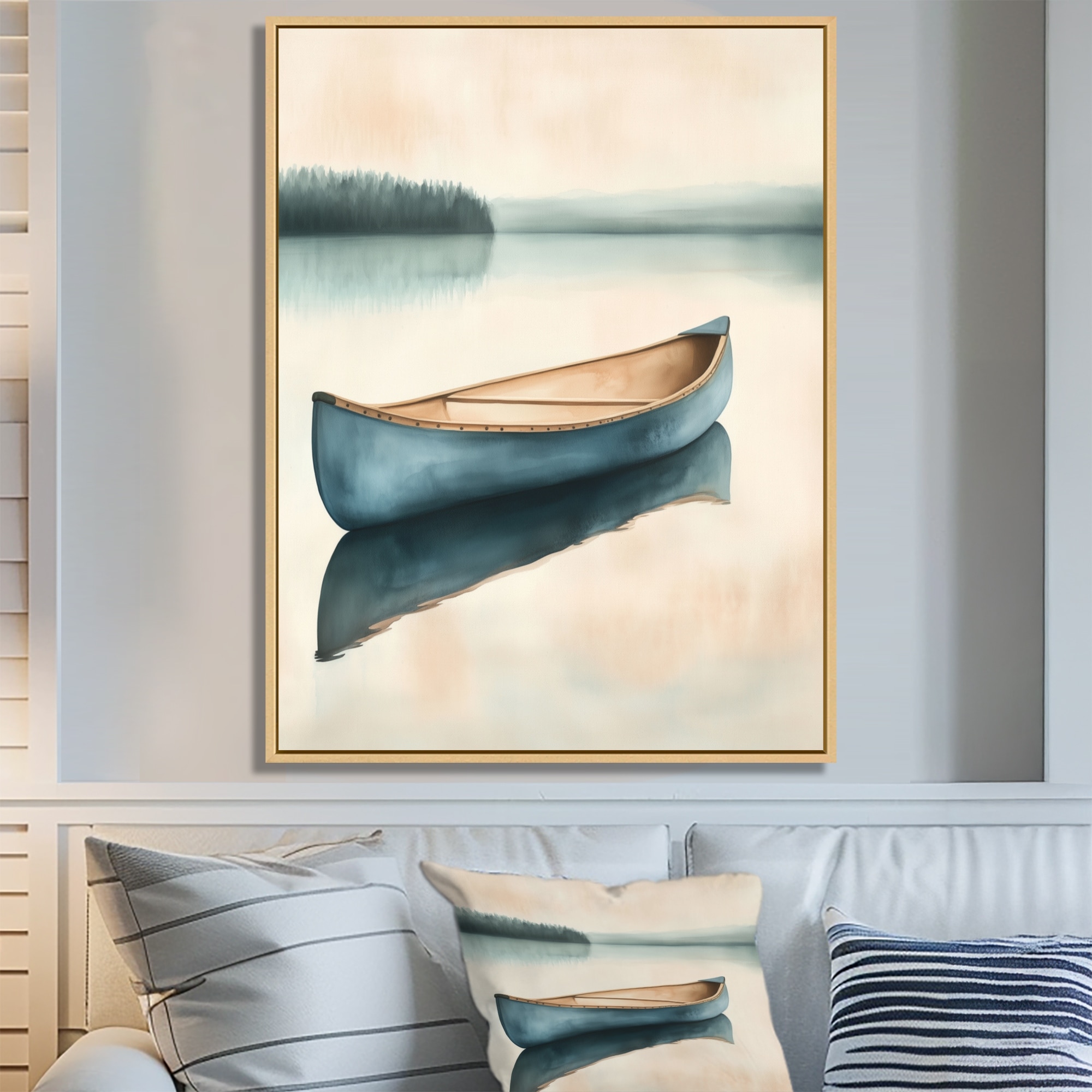 Designart Calm Canoe Lake - Landscape Framed Canvas Wall Art