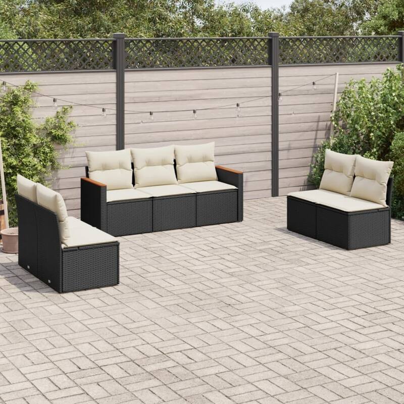 vidaXL Patio Sofa Set with Cushions Outdoor Conversation Furniture Poly Rattan - Black and cream without table - 24.4 x 24.4 x 27.2 in