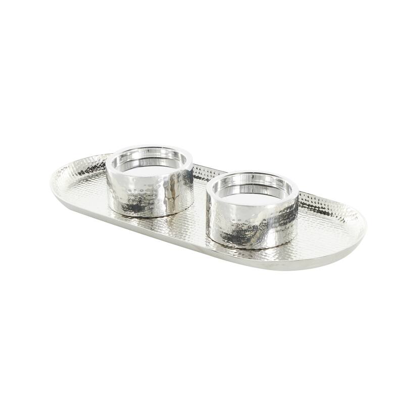 Gold or Silver Stainless Steel Metal Hammered Candle Holder with Oval Tray Plate