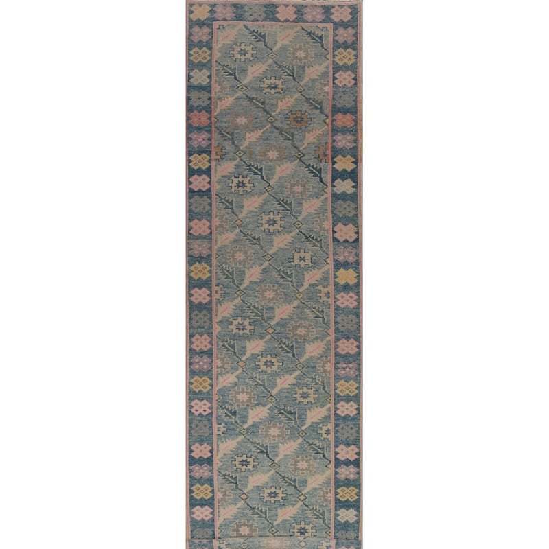 Hand Knotted Oriental 100% Wool Carpet Transitional Floral Navy Blue & Blues Oushak Runner Rug - 16' 7'' X 3' 6''
