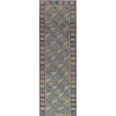 Hand Knotted Oriental 100% Wool Carpet Transitional Floral Navy Blue & Blues Oushak Runner Rug - 16' 7'' X 3' 6''