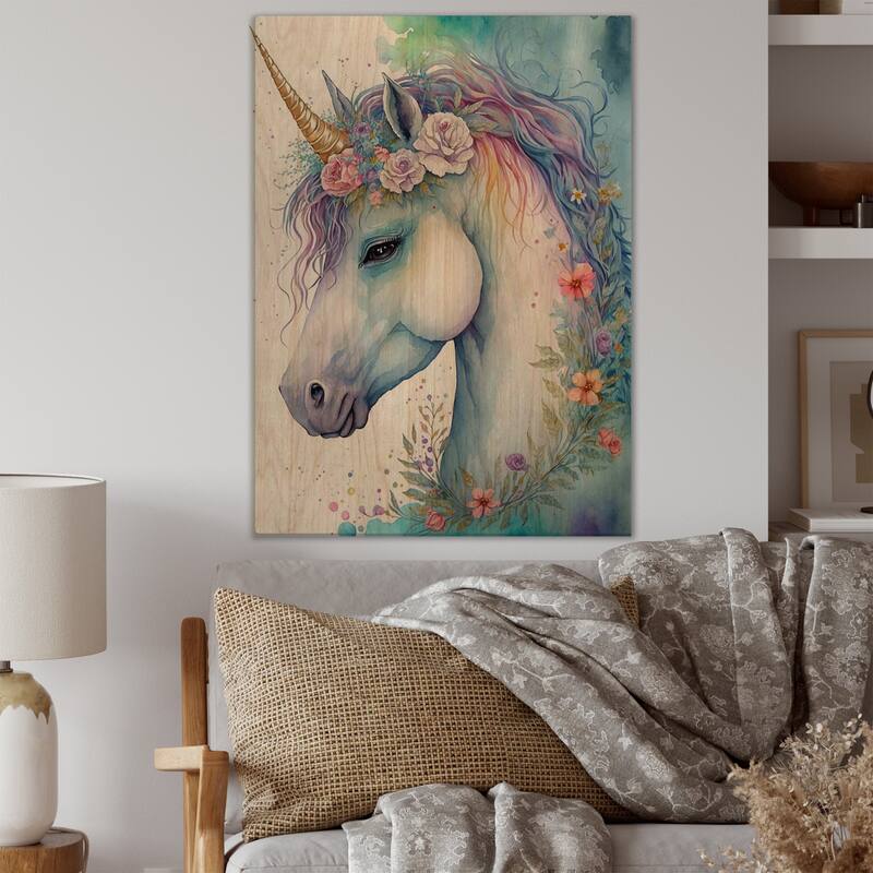Designart 'Cute Pastel Unicorn Surrounded By Flowers II' Animals Horse
