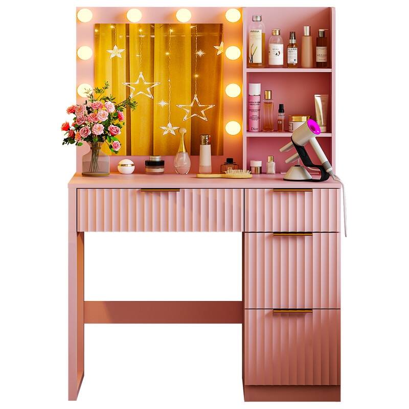 Particle Board Veneered with Textured Melamine 4-drawer 2-shelf with 10 Three-color Dimmable Bulbs Dressing Table - N/A