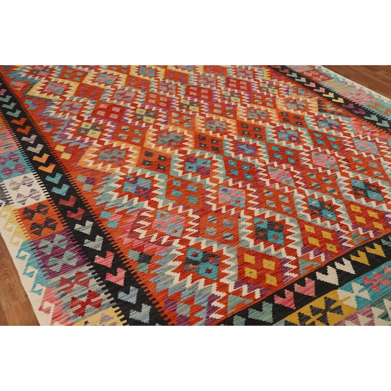 Orange Kilim Area Rug Hand-Woven Geometric Wool Carpet - 8'1" x 11'8"