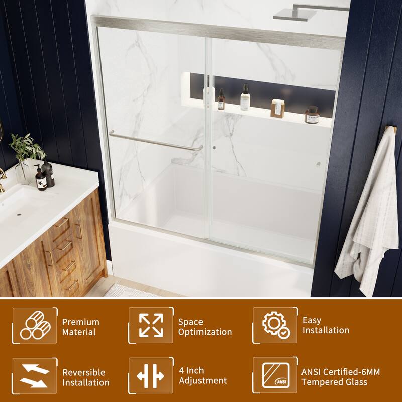 Modland 56-60" Sliding Bathtub Door, 1/4" ANSI Glass with Dual Protection Film, Matte Black Bypass Tub Enclosure