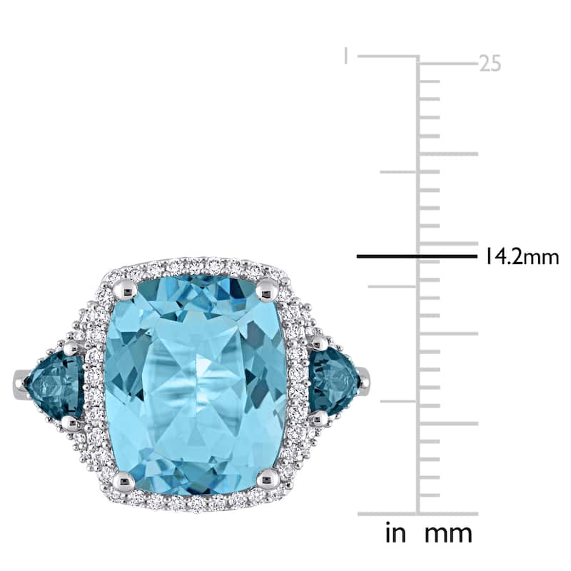 Miadora London & Sky Blue Topaz and 1/3ct TDW Diamond 3-Stone Halo Cocktail Ring in 14k White Gold