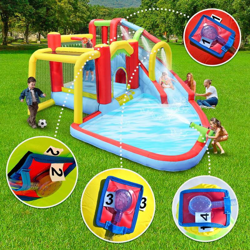 7 in1 Inflatable slide water park bouncing house outdoor Soccer garden bouncer with Splash pool & Water gun & Climbing wall