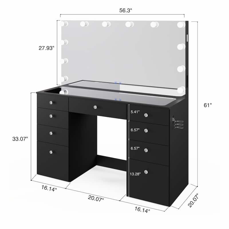 Makeup Vanity Desk w/ Bluetooth Speakers 9 Drawers Glam Glass Top Lighted Crystal Knobs Hairdryer Holder USB Ports