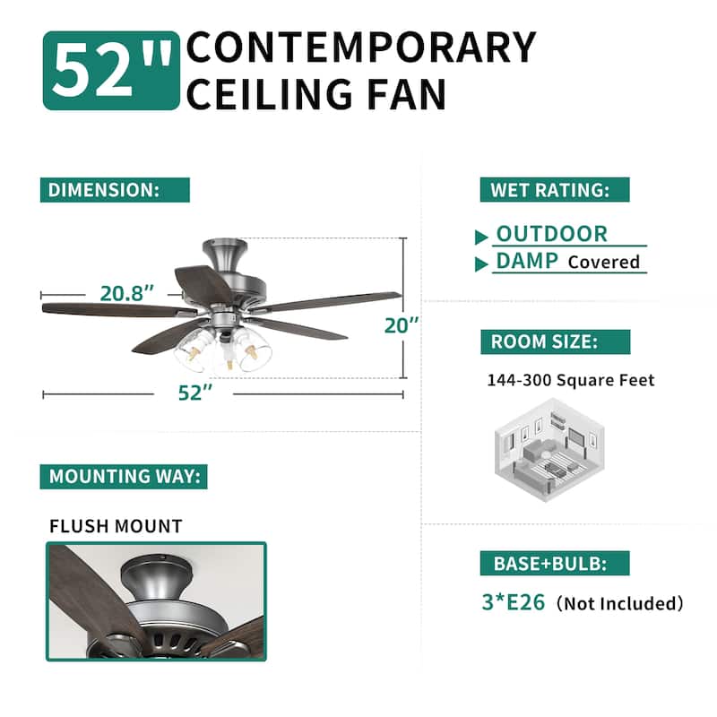 Moasis 52" Faux Wood 5-Blade Low Profile Ceiling Fan with Remote