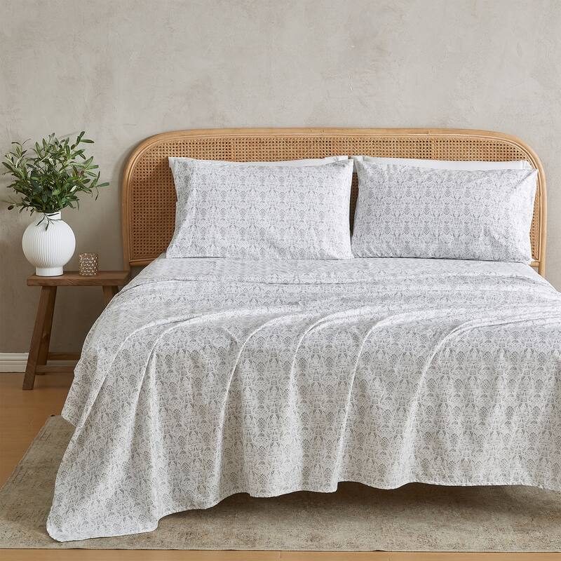 Patina Vie Maison Brushed Microfiber Floral Bloom Sheet Set - Full - Light Grey Abstract Floral