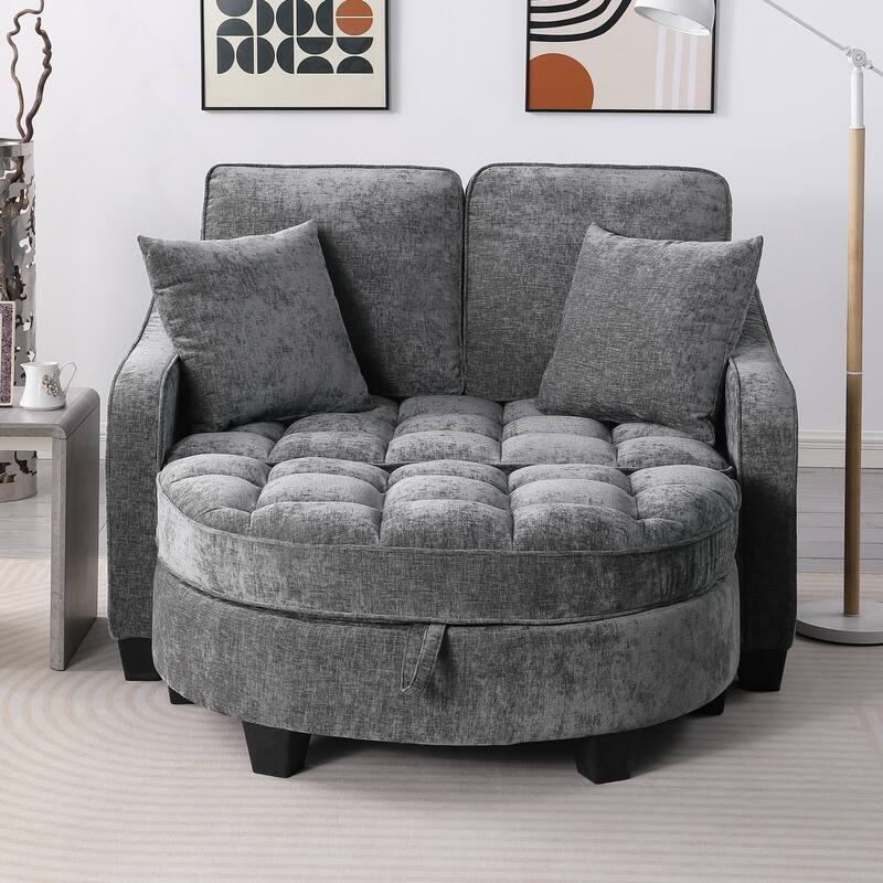 Roomfitters Two-Seater Sofa Chaise with Storage Ottoman, Irregular Armrests and Backrest, Upholstered Sofa with Pillows