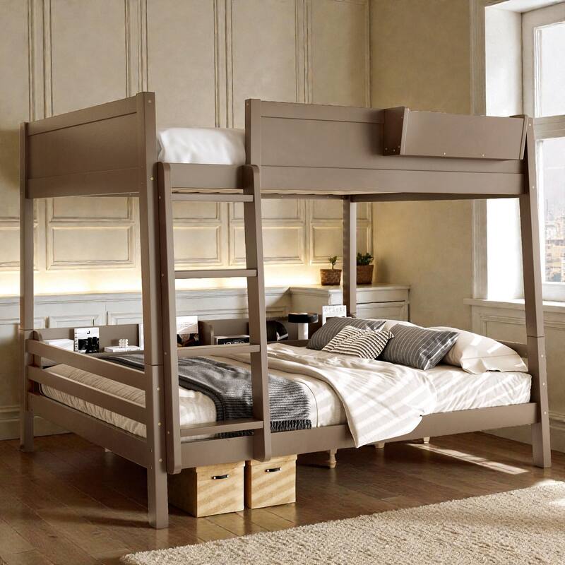 Wooden Bunk Bed Frame with Built-In Storage Shelves, Convertible to Two Beds, No Box Spring Needed