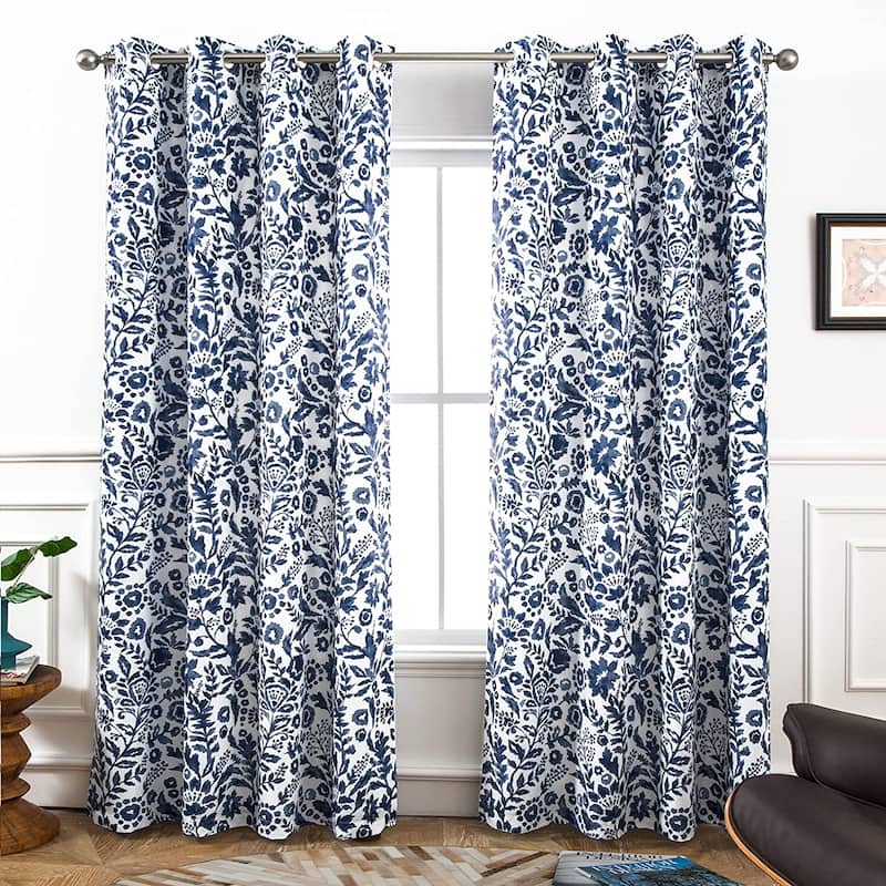 Porch & Den Ouzel Floral Watercolor Blackout Lined Window Curtain Panel Pair - 52" width x 84 " length - Navy