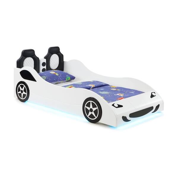slide 2 of 15, Wooden Twin Size Car Bed with LED Strip Lighting White/Black