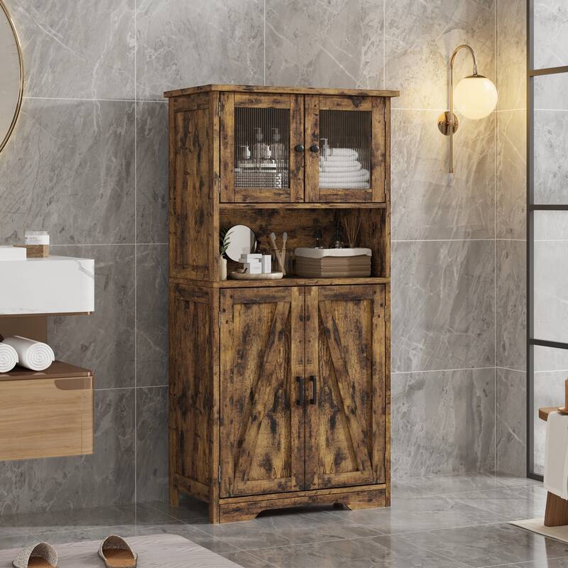 Efrin Linen Storage Cabinet Freestanding Floor Kitchen Pantry Storage Cabinet with Glass Doors Adjustable Shelves