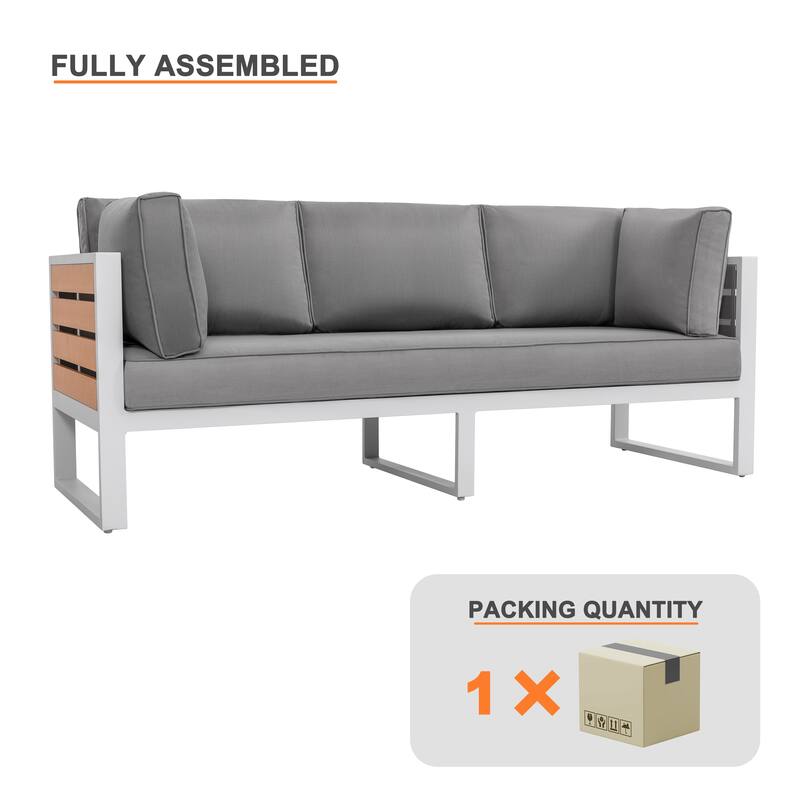 Outdoor Three-seat Sofa with Cushion and Pillows, Aluminum, Imitation Wood
