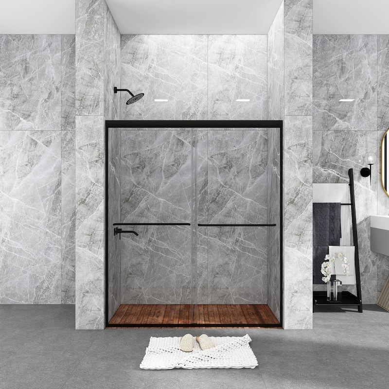 48/54/60 Inch Double Sliding Framed Shower Door with Clear Tempered Glass - 54" x 70" - Matte Black