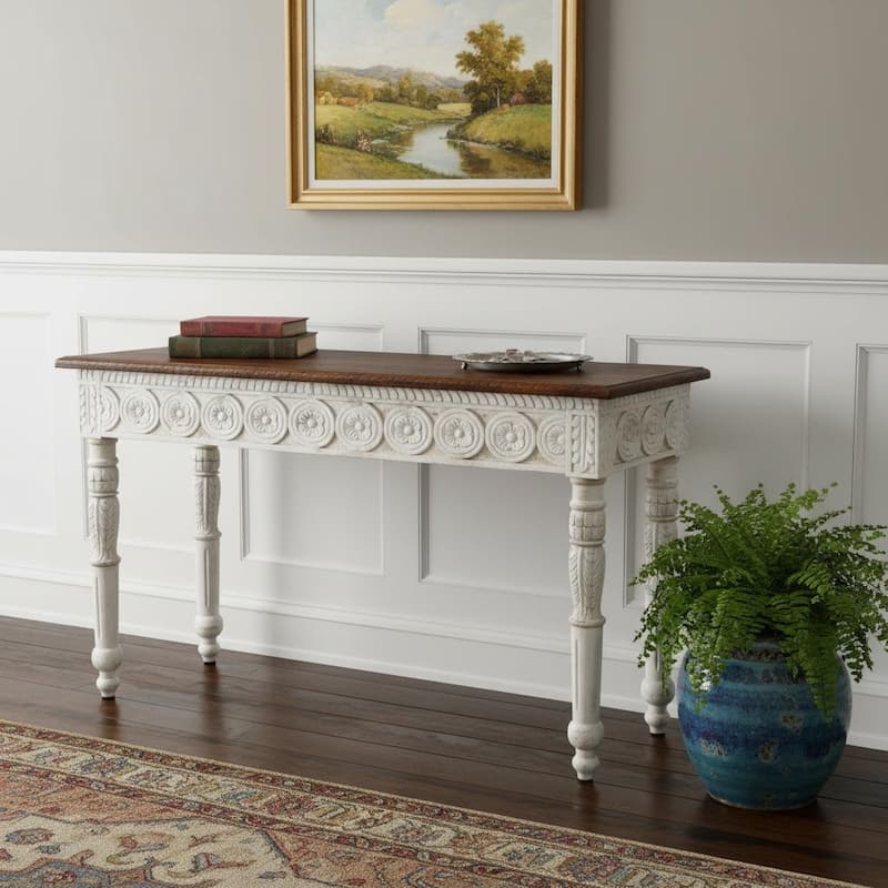 HomeRoots 48" Natural and White Solid Wood Distressed Console Table - 48.00 in. x 30.00 in. x 16.00 in. - Natural